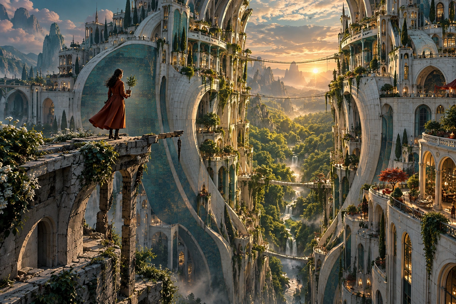 A woman holding a sapling stands at the end of a broken bridge. Beyond her, immense curved buildings open around a living forest, leaving the crossing unresolved.