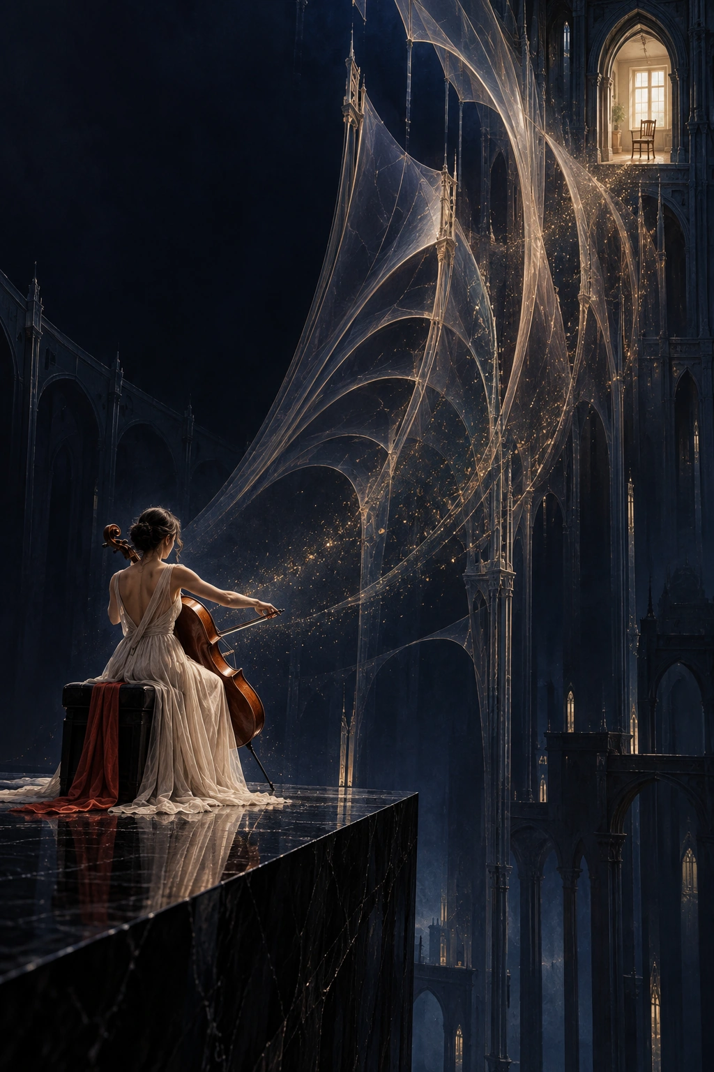 A cellist plays across a dark architectural void. Delicate golden structures rise toward a single illuminated room and an empty chair, leaving the listener unseen.