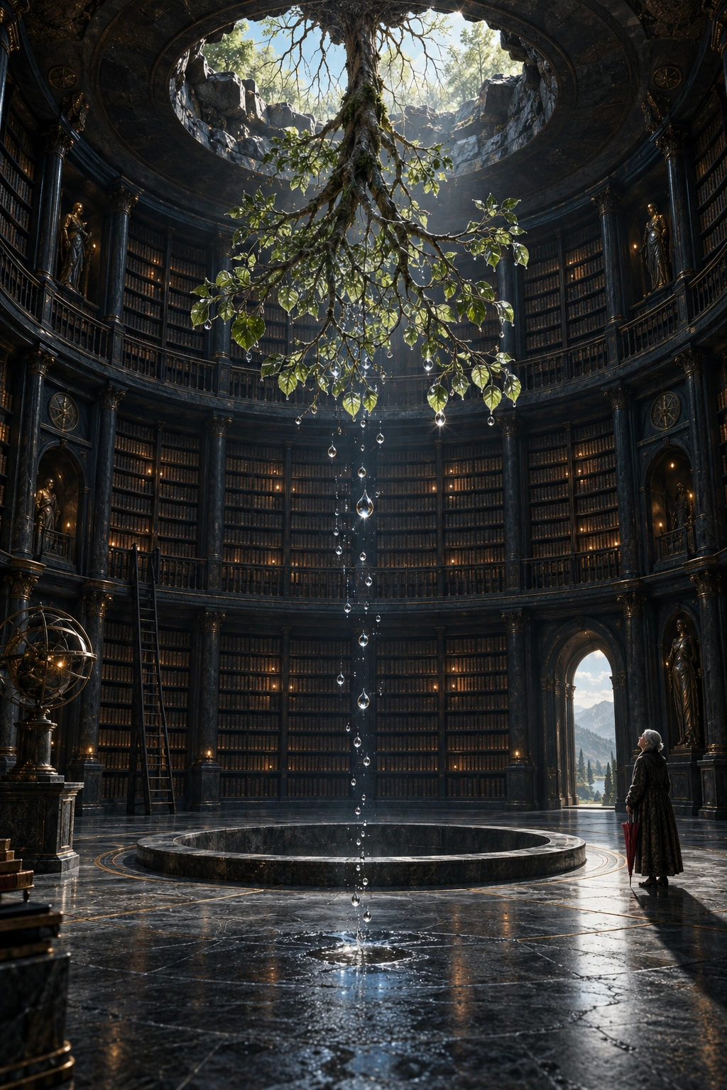 An inverted tree hangs above an empty basin in a vast circular library. Suspended droplets connect the living branches to the floor as a solitary visitor watches.