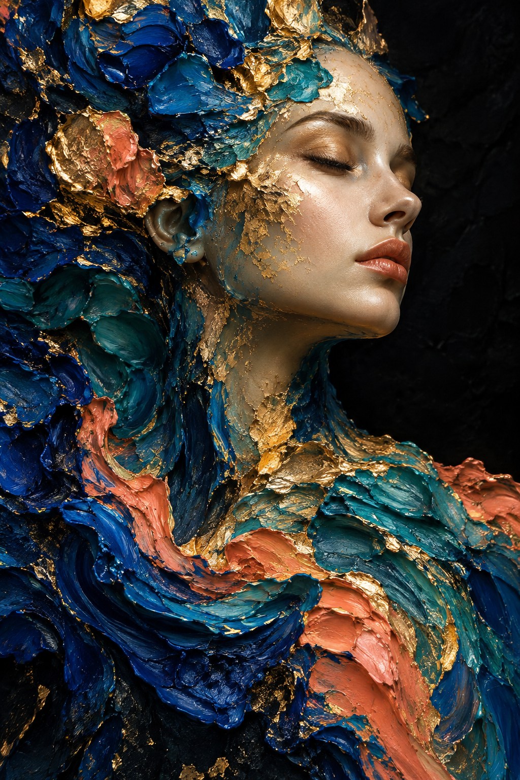 A sculptural face emerging from cobalt, coral and gold impasto paint