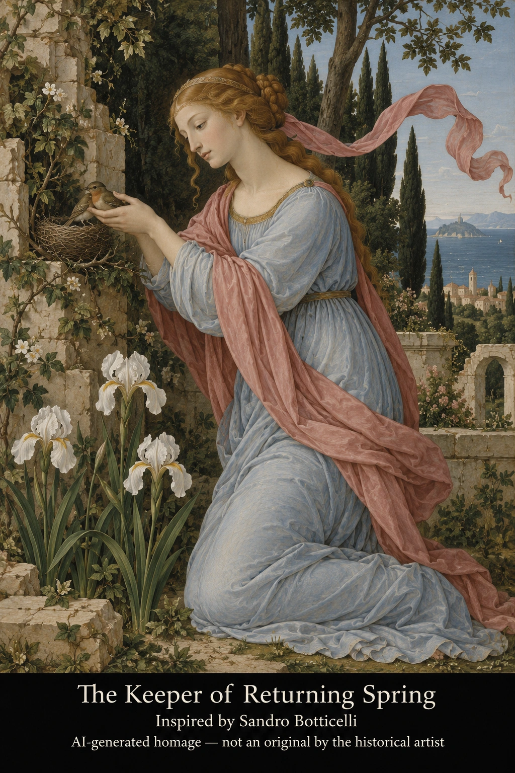 The Keeper of Returning Spring — AI-generated homage inspired by Sandro Botticelli
